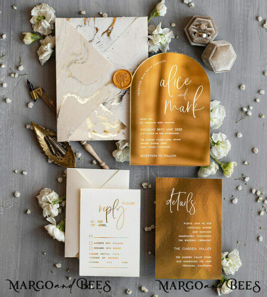 PROBENNEHMESERVICE
 Muster
 muster Elegante Goldhochzeitskarten, Luxus Gold Acryl Hochzeitskarte, Goldene Marmor Hochzeitskarten, Bogen Glamour Hochzeits Einladung Set