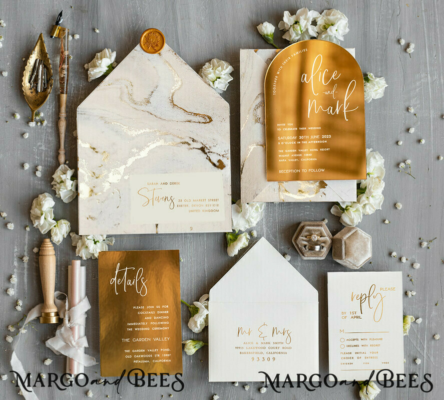 PROBENNEHMESERVICE
 Muster
 muster Elegante Goldhochzeitskarten, Luxus Gold Acryl Hochzeitskarte, Goldene Marmor Hochzeitskarten, Bogen Glamour Hochzeits Einladung Set