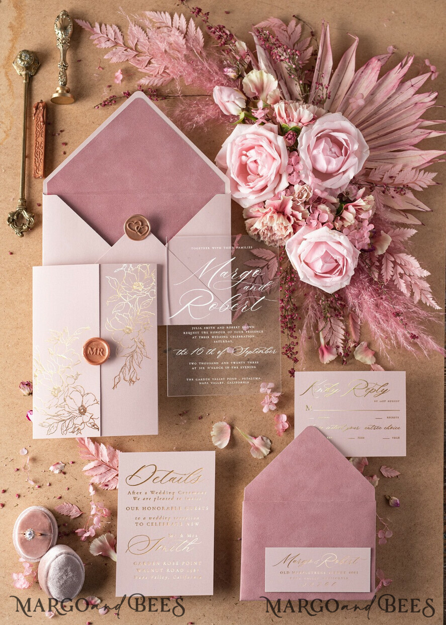 PROBENNEHMESERVICE
 Muster
 Staubrosé Hochzeits Einladung Muster, handgemachtes Muster Set, rosa Samt und Goldfolie Hochzeits Einladung, zartrosa Einladungen Muster Set