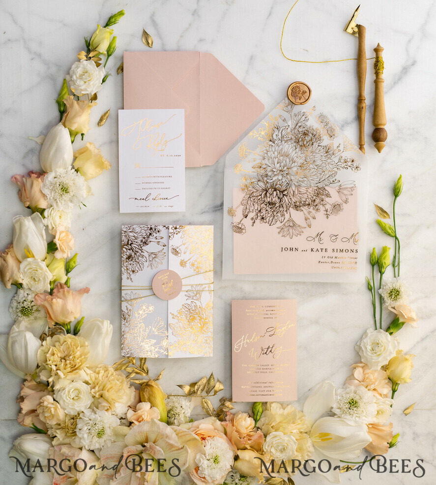 PROBENNEHMESERVICE
 Muster
 Blush Pink und Weiße Hochzeits Einladung Muster, handgemachtes Musterset, Gold Glamour Hochzeits Einladung Muster, Goldene Blumen Einladungen Musterset.