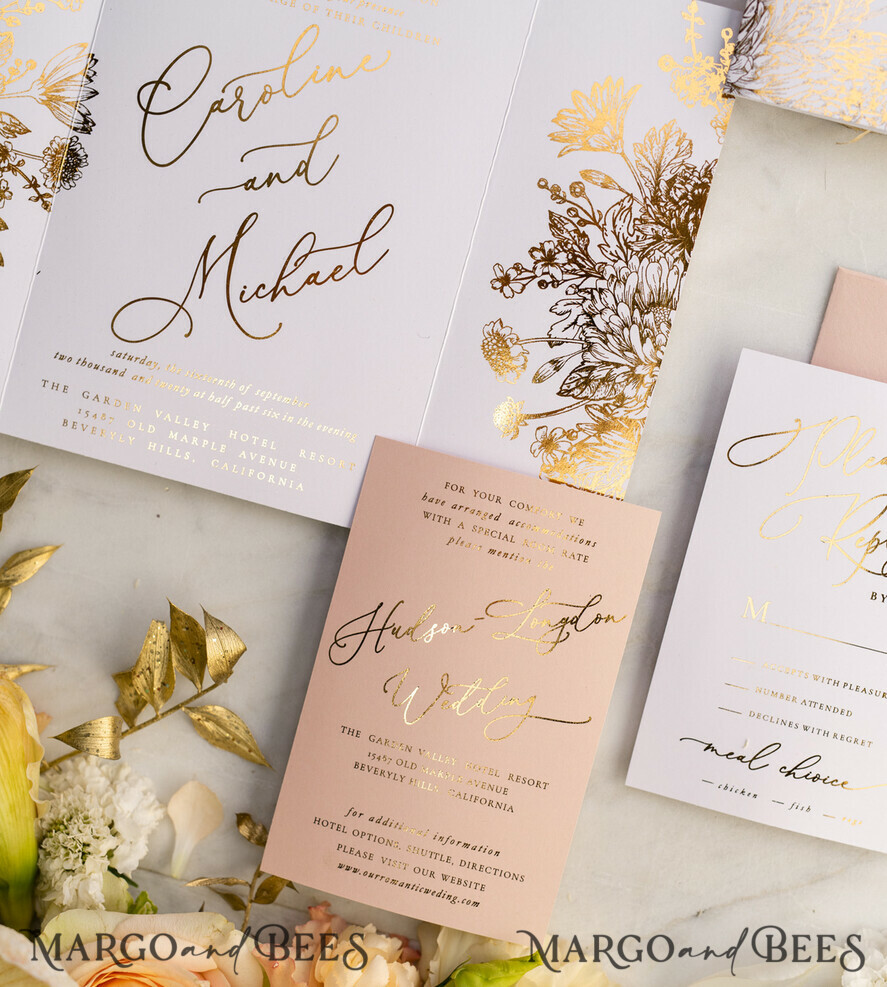 PROBENNEHMESERVICE
 Muster
 Blush Pink und Weiße Hochzeits Einladung Muster, handgemachtes Musterset, Gold Glamour Hochzeits Einladung Muster, Goldene Blumen Einladungen Musterset.