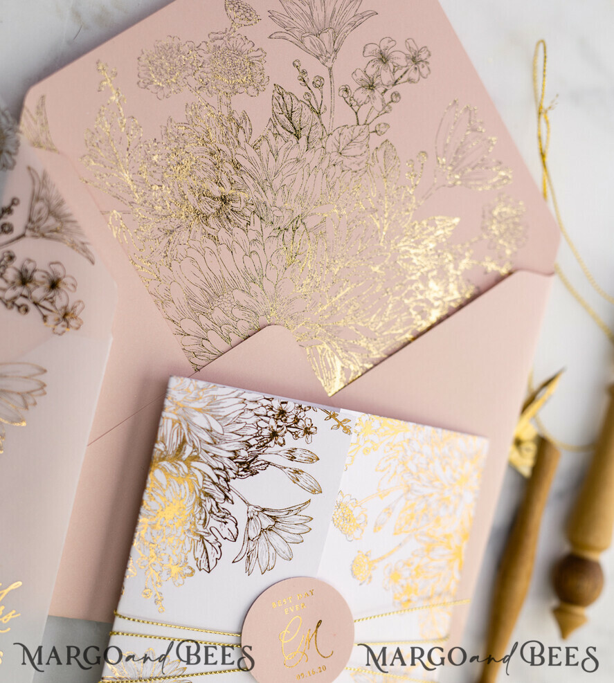 PROBENNEHMESERVICE
 Muster
 Blush Pink und Weiße Hochzeits Einladung Muster, handgemachtes Musterset, Gold Glamour Hochzeits Einladung Muster, Goldene Blumen Einladungen Musterset.