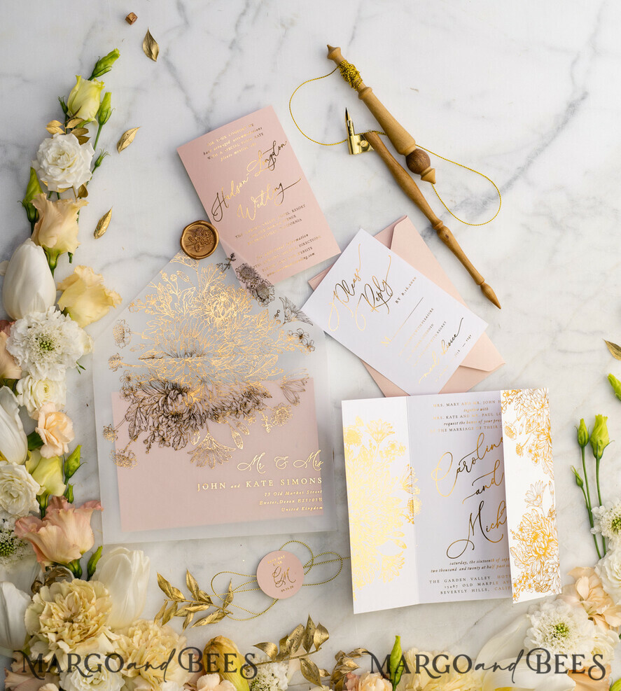 PROBENNEHMESERVICE
 Muster
 Blush Pink und Weiße Hochzeits Einladung Muster, handgemachtes Musterset, Gold Glamour Hochzeits Einladung Muster, Goldene Blumen Einladungen Musterset.