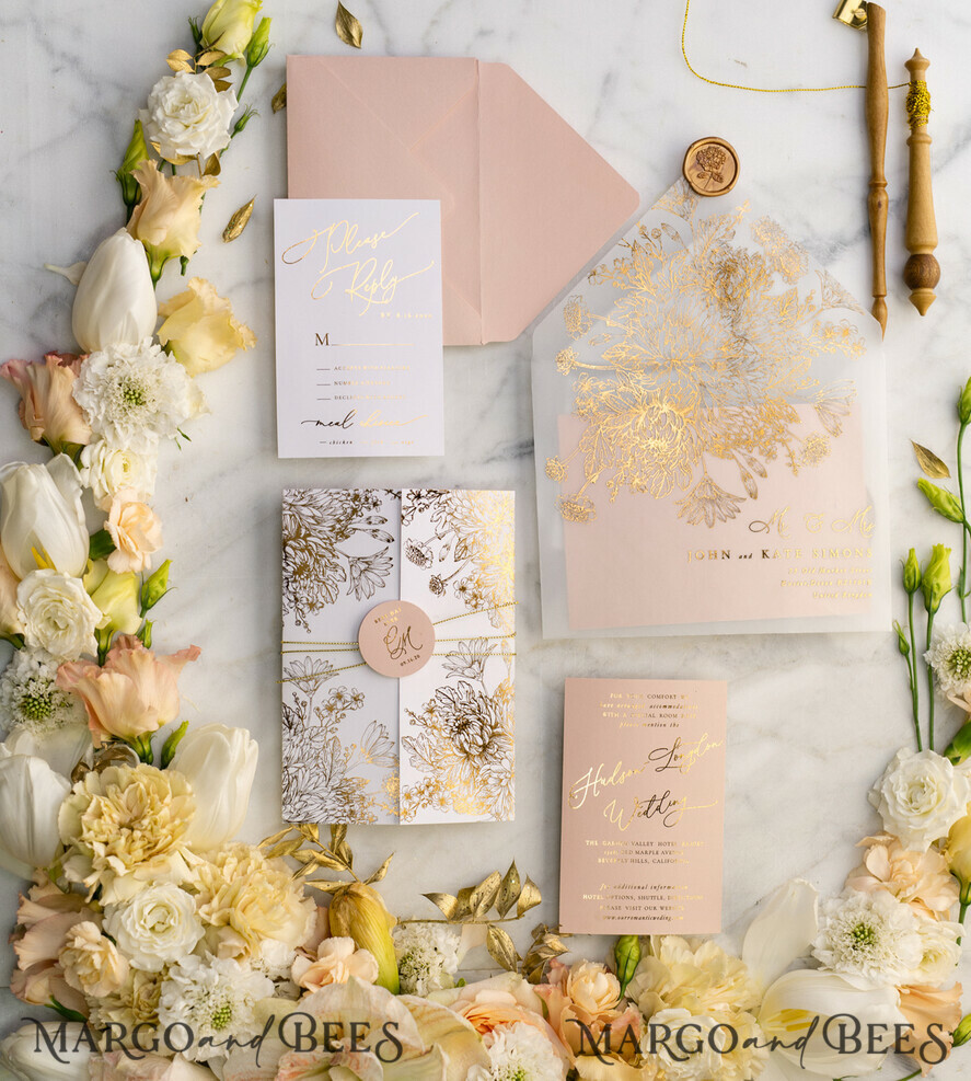 PROBENNEHMESERVICE
 Muster
 Blush Pink und Weiße Hochzeits Einladung Muster, handgemachtes Musterset, Gold Glamour Hochzeits Einladung Muster, Goldene Blumen Einladungen Musterset.