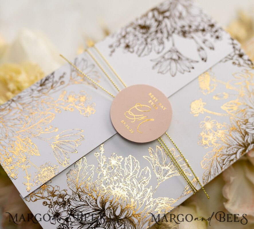PROBENNEHMESERVICE
 Muster
 Blush Pink und Weiße Hochzeits Einladung Muster, handgemachtes Musterset, Gold Glamour Hochzeits Einladung Muster, Goldene Blumen Einladungen Musterset.