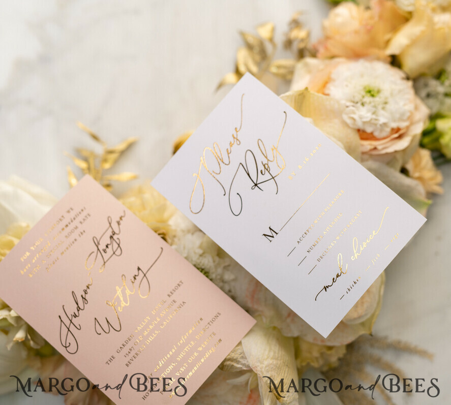 PROBENNEHMESERVICE
 Muster
 Blush Pink und Weiße Hochzeits Einladung Muster, handgemachtes Musterset, Gold Glamour Hochzeits Einladung Muster, Goldene Blumen Einladungen Musterset.