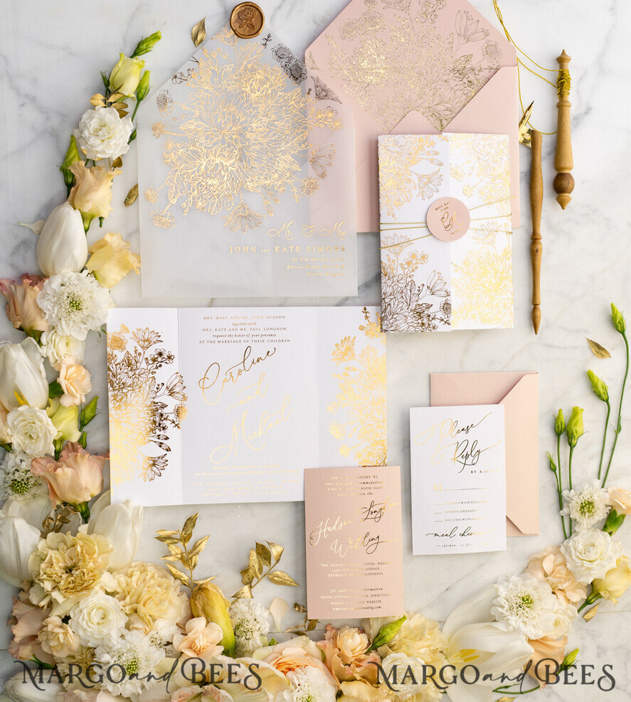 PROBENNEHMESERVICE
 Muster
 Blush Pink und Weiße Hochzeits Einladung Muster, handgemachtes Musterset, Gold Glamour Hochzeits Einladung Muster, Goldene Blumen Einladungen Musterset.