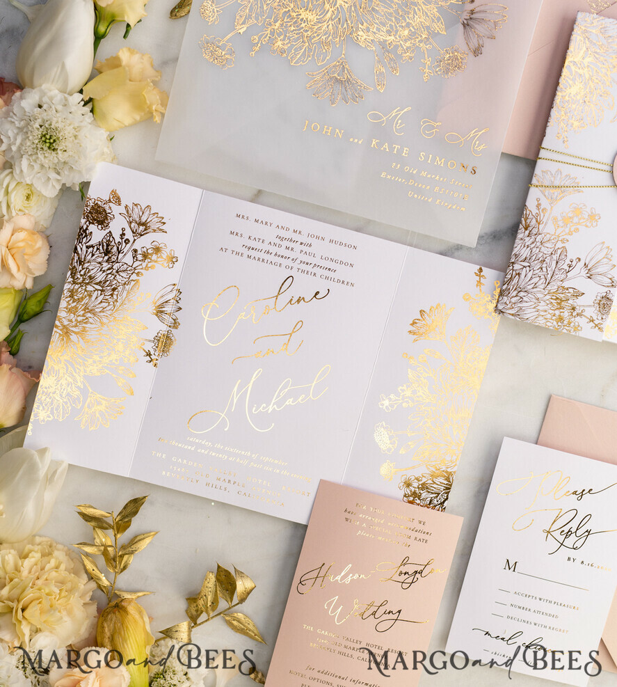 PROBENNEHMESERVICE
 Muster
 Blush Pink und Weiße Hochzeits Einladung Muster, handgemachtes Musterset, Gold Glamour Hochzeits Einladung Muster, Goldene Blumen Einladungen Musterset.