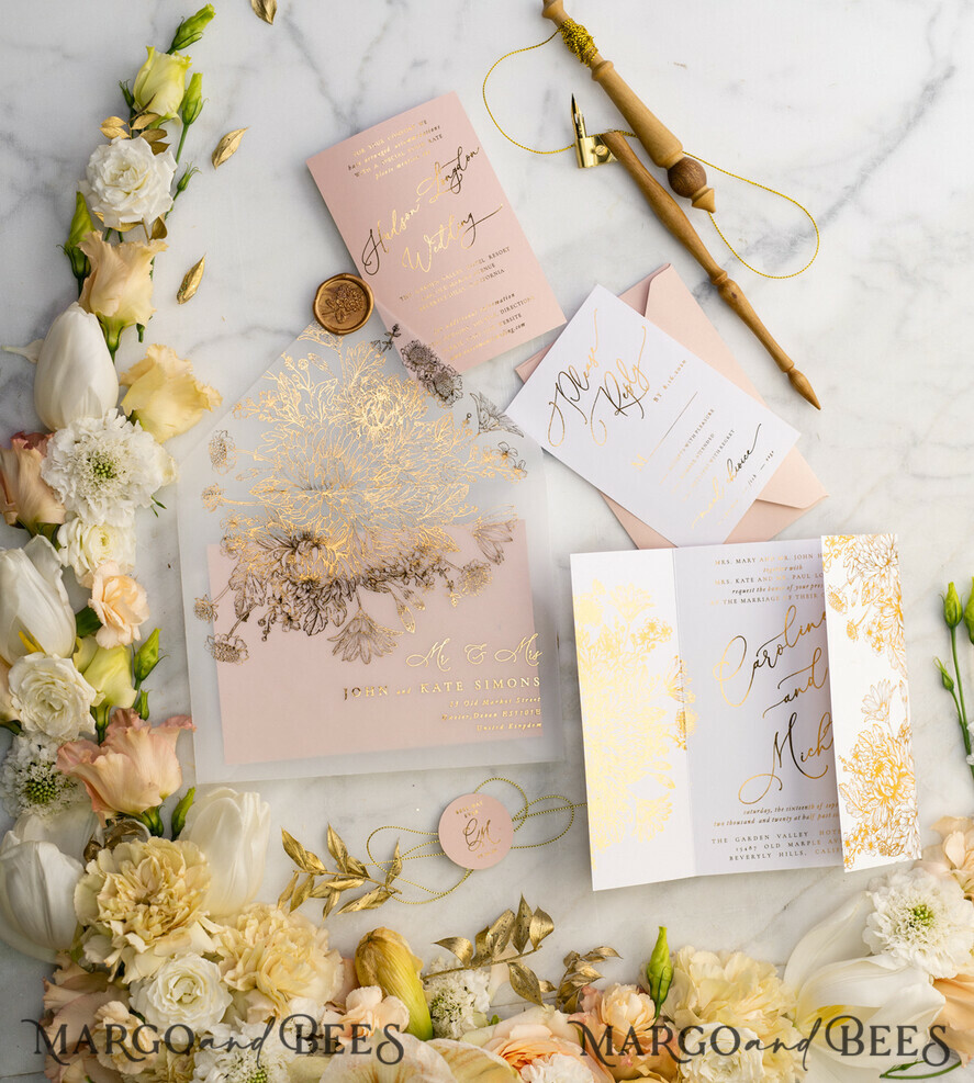 PROBENNEHMESERVICE
 Muster
 Blush Pink und Weiße Hochzeits Einladung Muster, handgemachtes Musterset, Gold Glamour Hochzeits Einladung Muster, Goldene Blumen Einladungen Musterset.