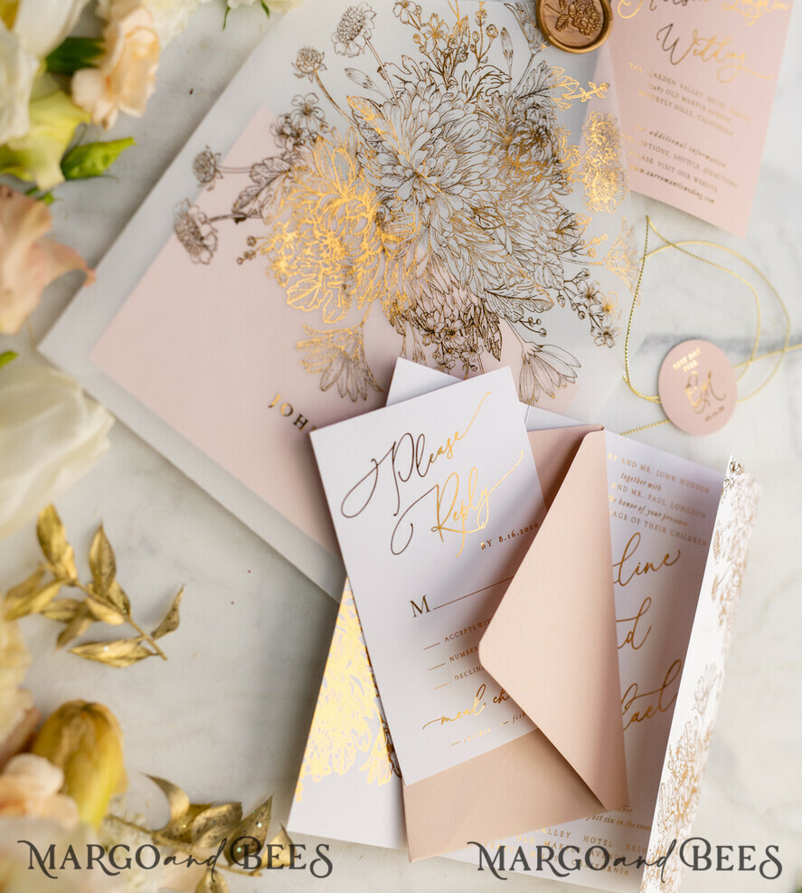 PROBENNEHMESERVICE
 Muster
 Blush Pink und Weiße Hochzeits Einladung Muster, handgemachtes Musterset, Gold Glamour Hochzeits Einladung Muster, Goldene Blumen Einladungen Musterset.