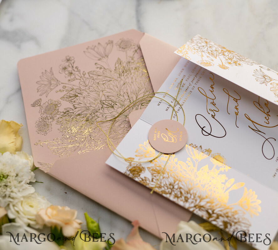 PROBENNEHMESERVICE
 Muster
 Blush Pink und Weiße Hochzeits Einladung Muster, handgemachtes Musterset, Gold Glamour Hochzeits Einladung Muster, Goldene Blumen Einladungen Musterset.