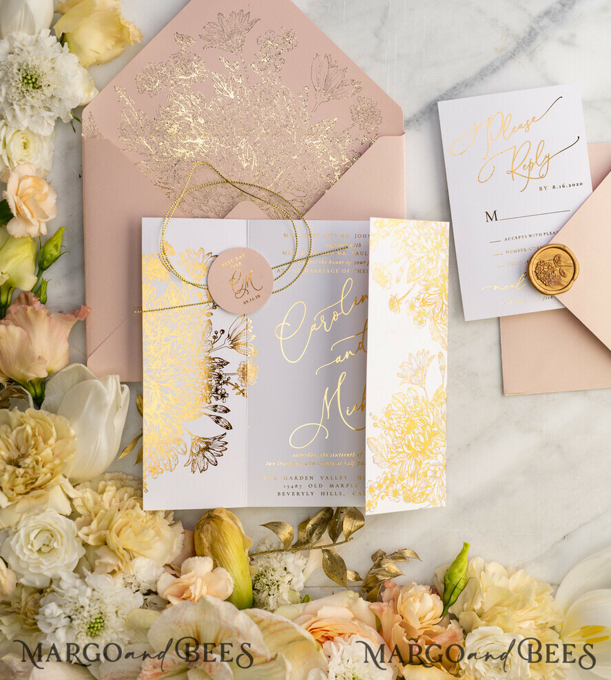 PROBENNEHMESERVICE
 Muster
 Blush Pink und Weiße Hochzeits Einladung Muster, handgemachtes Musterset, Gold Glamour Hochzeits Einladung Muster, Goldene Blumen Einladungen Musterset.