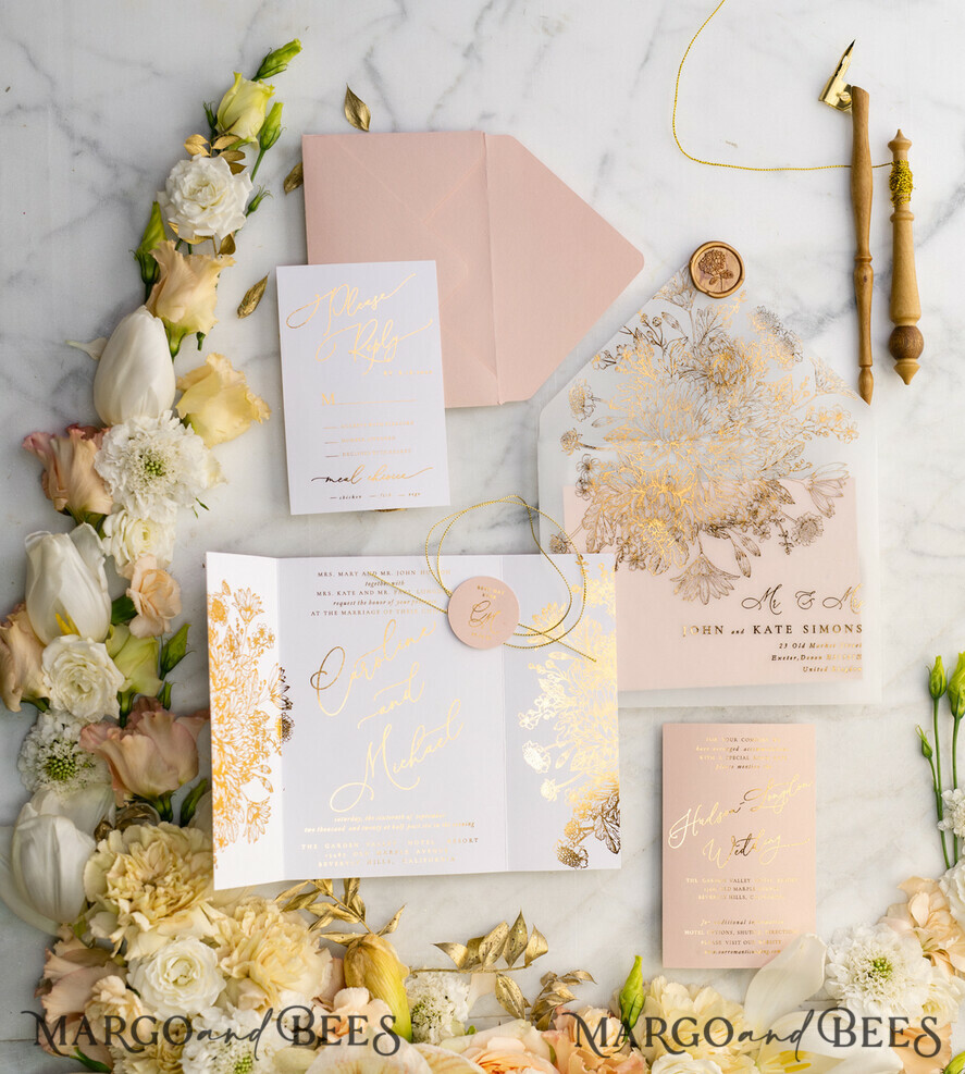 PROBENNEHMESERVICE
 Muster
 Blush Pink und Weiße Hochzeits Einladung Muster, handgemachtes Musterset, Gold Glamour Hochzeits Einladung Muster, Goldene Blumen Einladungen Musterset.