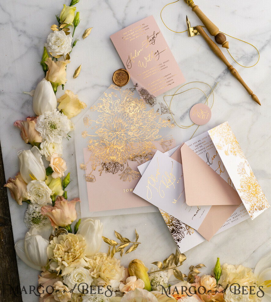 PROBENNEHMESERVICE
 Muster
 Blush Pink und Weiße Hochzeits Einladung Muster, handgemachtes Musterset, Gold Glamour Hochzeits Einladung Muster, Goldene Blumen Einladungen Musterset.