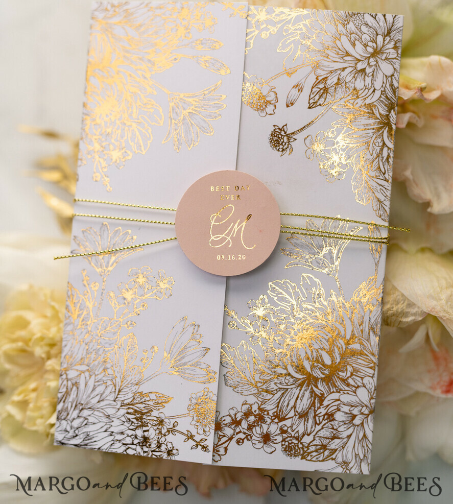 PROBENNEHMESERVICE
 Muster
 Blush Pink und Weiße Hochzeits Einladung Muster, handgemachtes Musterset, Gold Glamour Hochzeits Einladung Muster, Goldene Blumen Einladungen Musterset.