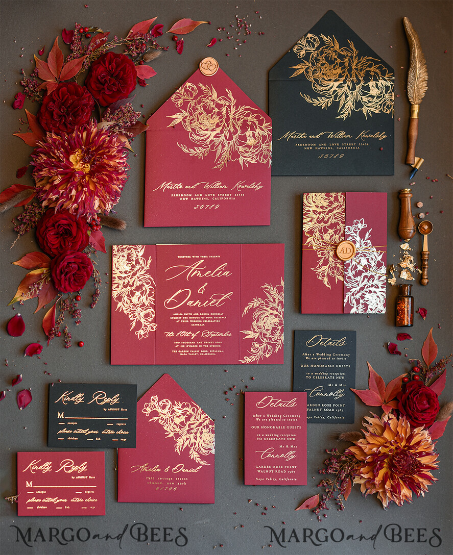PROBENNEHMESERVICE
 Muster
 Gold Maroon Hochzeits Einladung Muster, handgemachtes Glamour Muster Set, Burgunder und Gold Folien Hochzeits Einladung, Schwarz und Burgunder Einladungen Muster Set