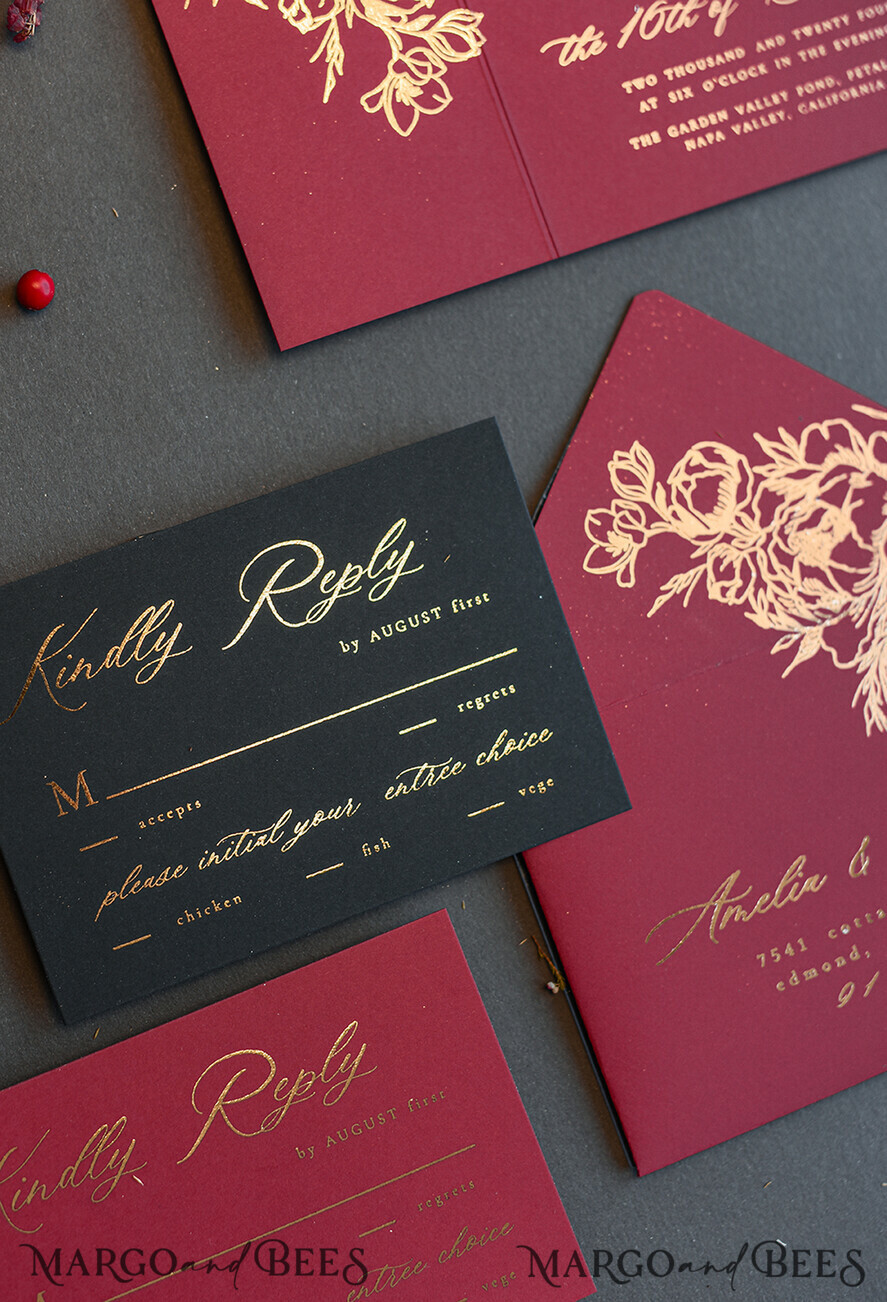PROBENNEHMESERVICE
 Muster
 Gold Maroon Hochzeits Einladung Muster, handgemachtes Glamour Muster Set, Burgunder und Gold Folien Hochzeits Einladung, Schwarz und Burgunder Einladungen Muster Set