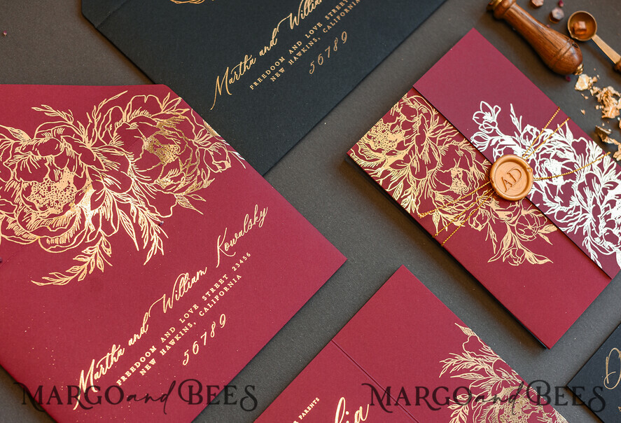 PROBENNEHMESERVICE
 Muster
 Gold Maroon Hochzeits Einladung Muster, handgemachtes Glamour Muster Set, Burgunder und Gold Folien Hochzeits Einladung, Schwarz und Burgunder Einladungen Muster Set