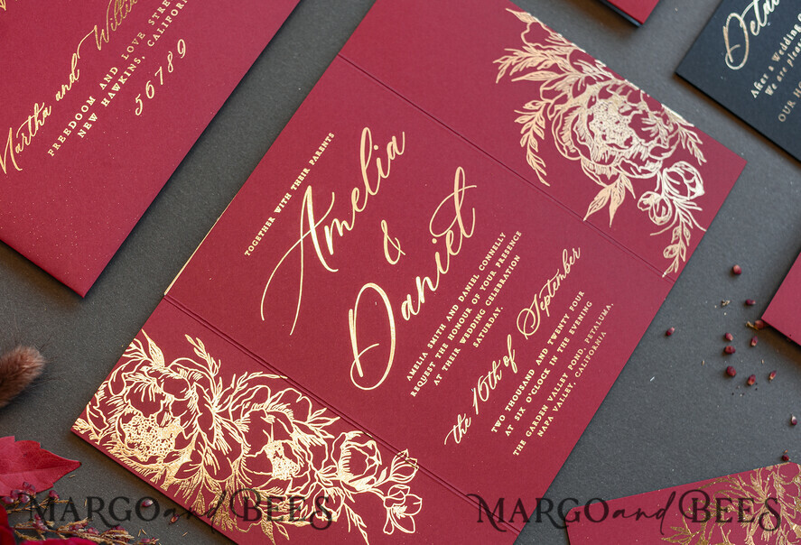 PROBENNEHMESERVICE
 Muster
 Gold Maroon Hochzeits Einladung Muster, handgemachtes Glamour Muster Set, Burgunder und Gold Folien Hochzeits Einladung, Schwarz und Burgunder Einladungen Muster Set
