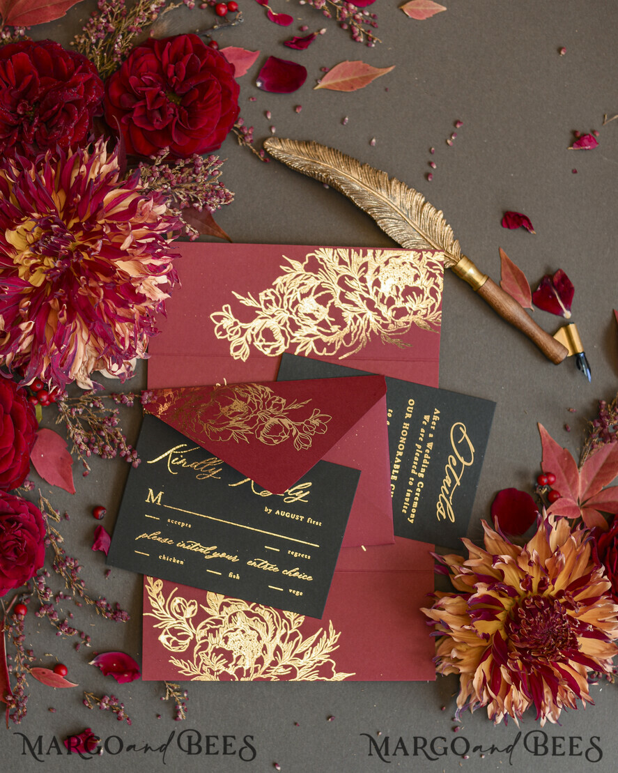 PROBENNEHMESERVICE
 Muster
 Gold Maroon Hochzeits Einladung Muster, handgemachtes Glamour Muster Set, Burgunder und Gold Folien Hochzeits Einladung, Schwarz und Burgunder Einladungen Muster Set