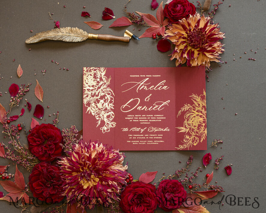 PROBENNEHMESERVICE
 Muster
 Gold Maroon Hochzeits Einladung Muster, handgemachtes Glamour Muster Set, Burgunder und Gold Folien Hochzeits Einladung, Schwarz und Burgunder Einladungen Muster Set
