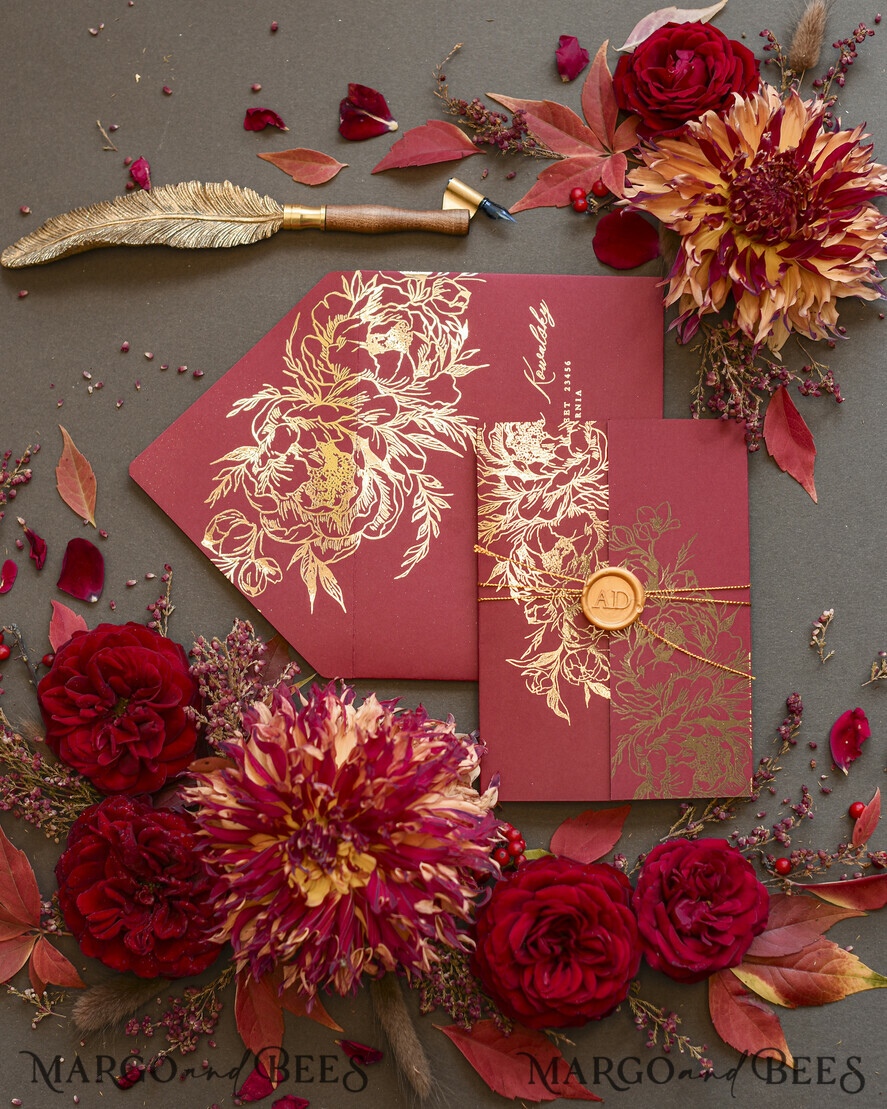 PROBENNEHMESERVICE
 Muster
 Gold Maroon Hochzeits Einladung Muster, handgemachtes Glamour Muster Set, Burgunder und Gold Folien Hochzeits Einladung, Schwarz und Burgunder Einladungen Muster Set