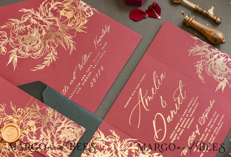 PROBENNEHMESERVICE
 Muster
 Gold Maroon Hochzeits Einladung Muster, handgemachtes Glamour Muster Set, Burgunder und Gold Folien Hochzeits Einladung, Schwarz und Burgunder Einladungen Muster Set
