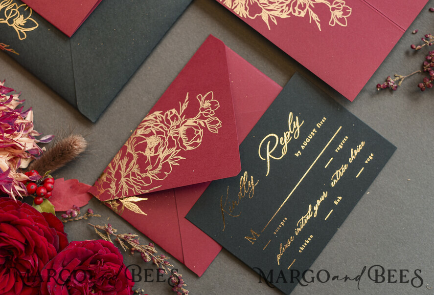 PROBENNEHMESERVICE
 Muster
 Gold Maroon Hochzeits Einladung Muster, handgemachtes Glamour Muster Set, Burgunder und Gold Folien Hochzeits Einladung, Schwarz und Burgunder Einladungen Muster Set