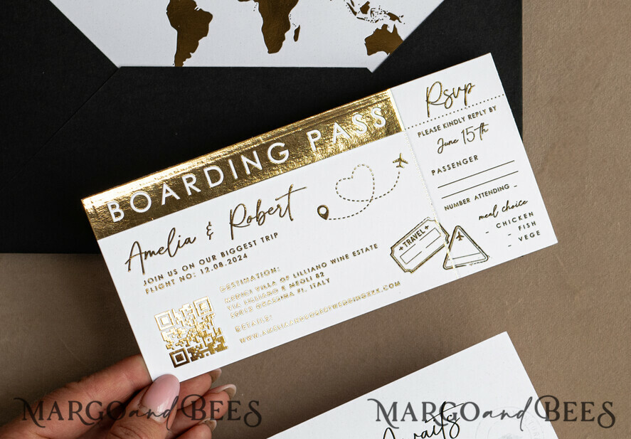 PROBENNEHMESERVICE
 Muster
 Gold Weiß Schwarz Reisepass Hochzeitsinvitation, Goldene Hochzeitskarten Boarding Pass, Reisepass Hochzeitsinvitationen im Ausland, Hochzeitsladungen für Zielorte, Reise-Karten Hochzeitsstationär