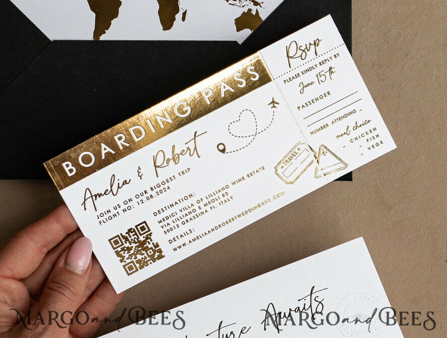 PROBENNEHMESERVICE
 Muster
 Gold Weiß Schwarz Reisepass Hochzeitsinvitation, Goldene Hochzeitskarten Boarding Pass, Reisepass Hochzeitsinvitationen im Ausland, Hochzeitsladungen für Zielorte, Reise-Karten Hochzeitsstationär