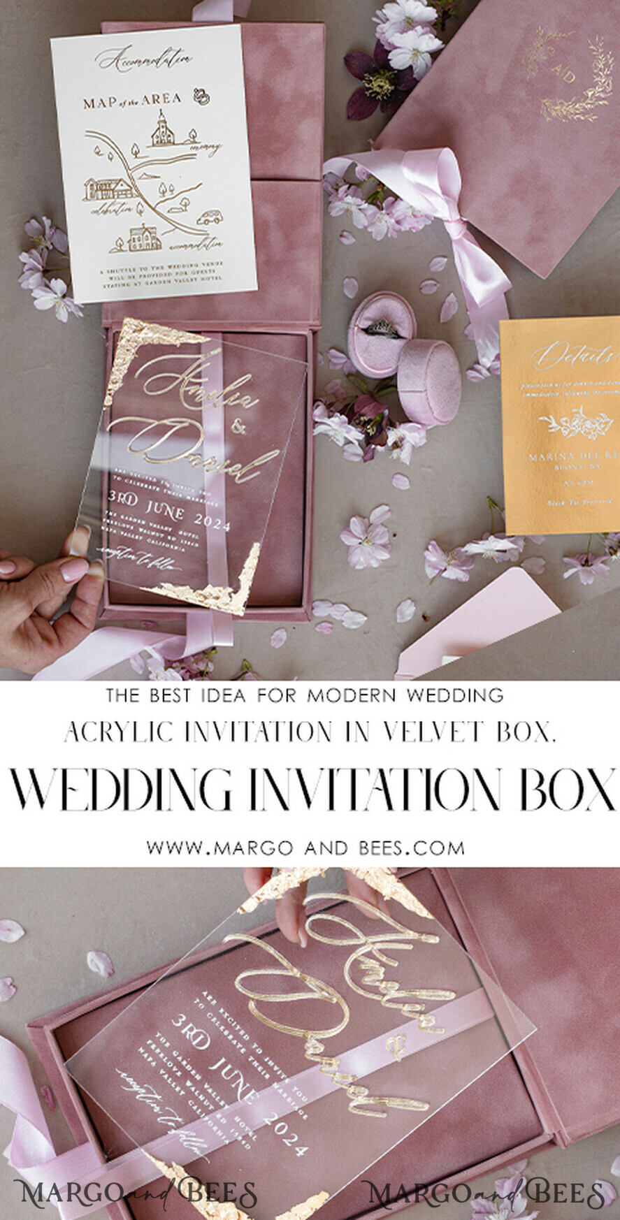 HOCHZEITS EINLADUNGEN Einladungen für VIP/ Boxeinladungen für Eltern Rosafarbene Box-Hochzeitsinvitationen set, 3D goldene Plexi-Hochzeitsinvitation Suite Luxus-Box, elegante Boho-Velours-Hochzeitskarten, maßgeschneiderte goldene Einladungen