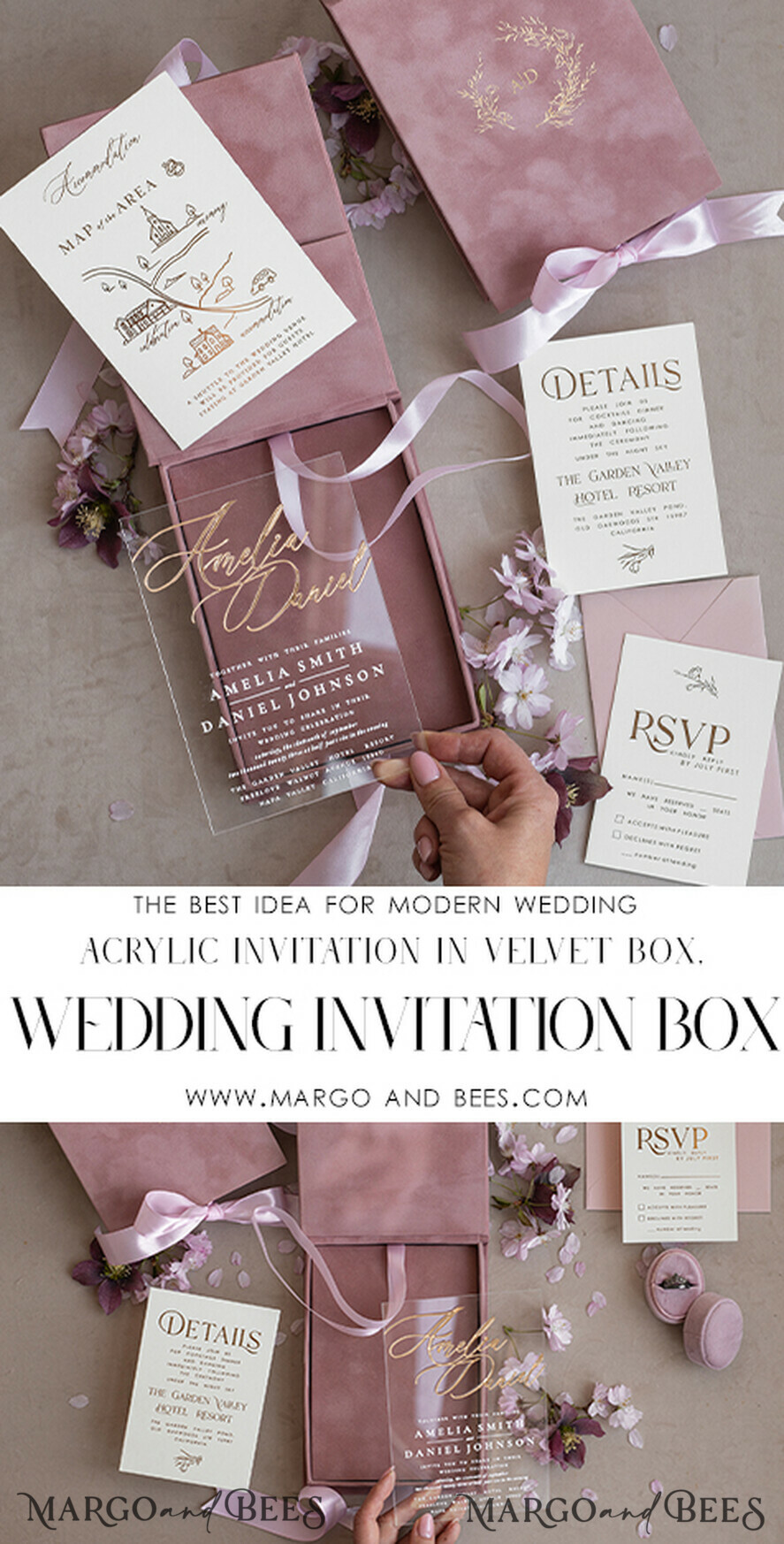HOCHZEITS EINLADUNGEN Einladungen für VIP/ Boxeinladungen für Eltern Rosa Boxierte Hochzeitsinvitationsset, 3D Gold Plexi Hochzeitsinvitation Suite Luxusbox, Elegante Boho Samt Hochzeitskarten, Maßgeschneiderte Goldene Einladungen