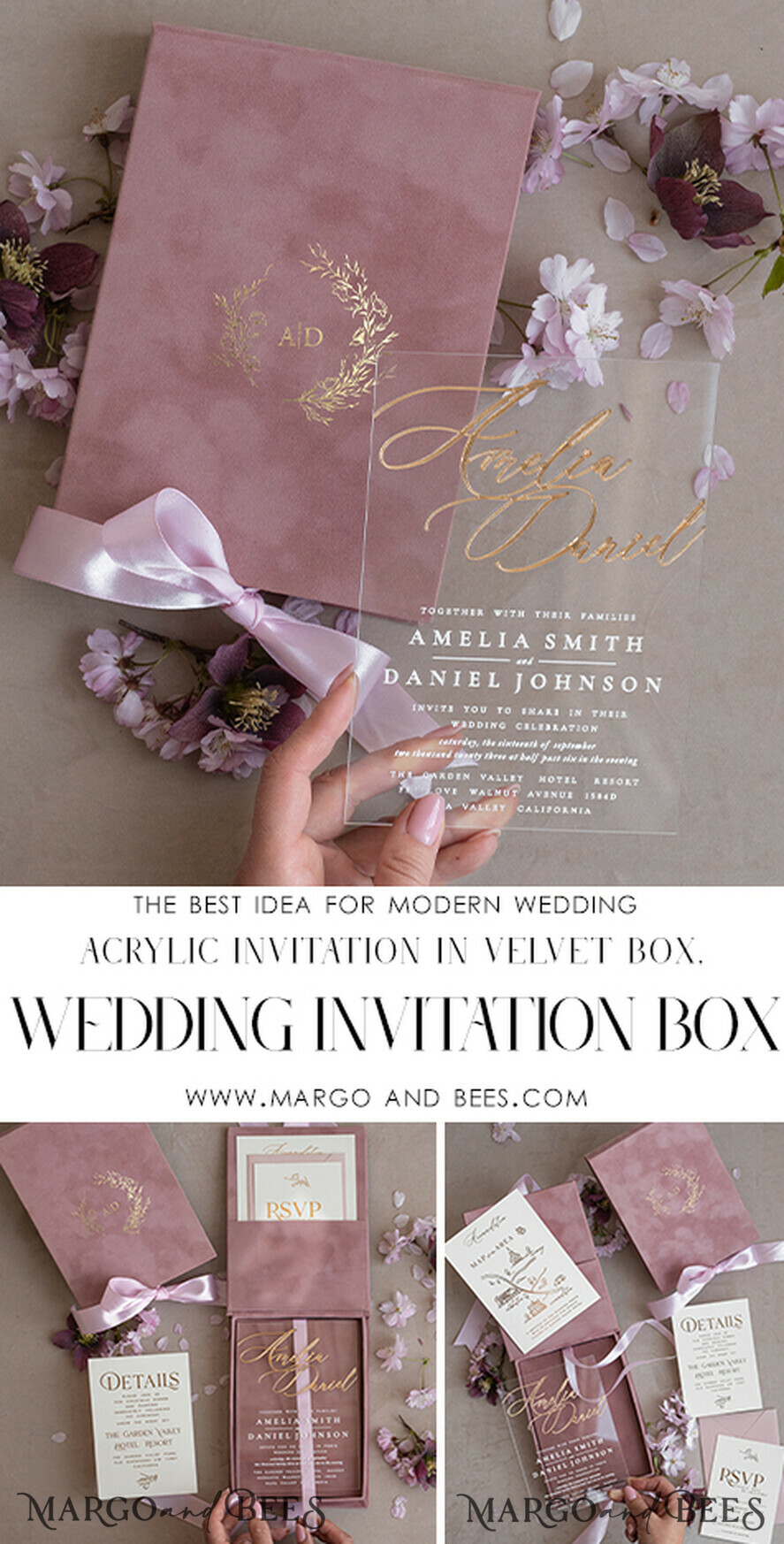 HOCHZEITS EINLADUNGEN Einladungen für VIP/ Boxeinladungen für Eltern Rosa Boxierte Hochzeitsinvitationsset, 3D Gold Plexi Hochzeitsinvitation Suite Luxusbox, Elegante Boho Samt Hochzeitskarten, Maßgeschneiderte Goldene Einladungen