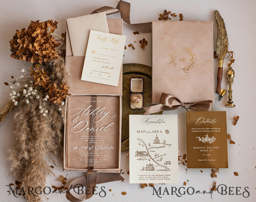 HOCHZEITS EINLADUNGEN Einladungen für VIP/ Boxeinladungen für Eltern Luxuriöse goldene Folien-Hochzeitskarten in Samtbox, Plexi Glamour Hochzeits-Einladungssuite Luxusbox, romantische Samt-Hochzeitskarten, maßgeschneiderte goldene Einladungen.