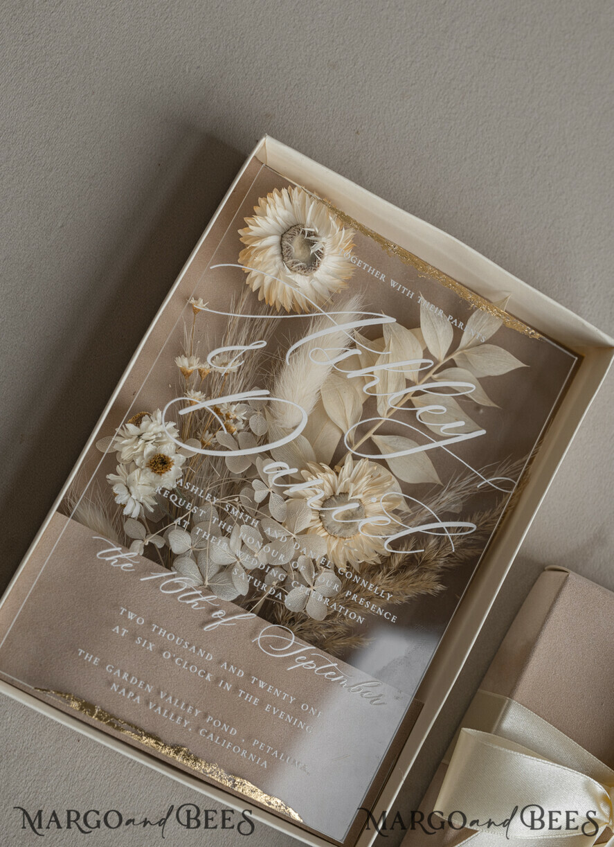 HOCHZEITS EINLADUNGEN Einladungen für VIP/ Boxeinladungen für Eltern Natürliche getrocknete Blumen Hochzeitskarten in Samtbox, Plexi Glamour Box Hochzeits Einladung Suite Luxus, romantische Samt Hochzeitskarten, maßgeschneiderte goldene Einladungen