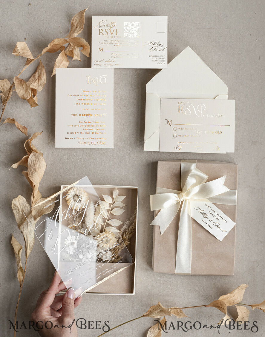 HOCHZEITS EINLADUNGEN Einladungen für VIP/ Boxeinladungen für Eltern Natürliche getrocknete Blumen Hochzeitskarten in Samtbox, Plexi Glamour Box Hochzeits Einladung Suite Luxus, romantische Samt Hochzeitskarten, maßgeschneiderte goldene Einladungen