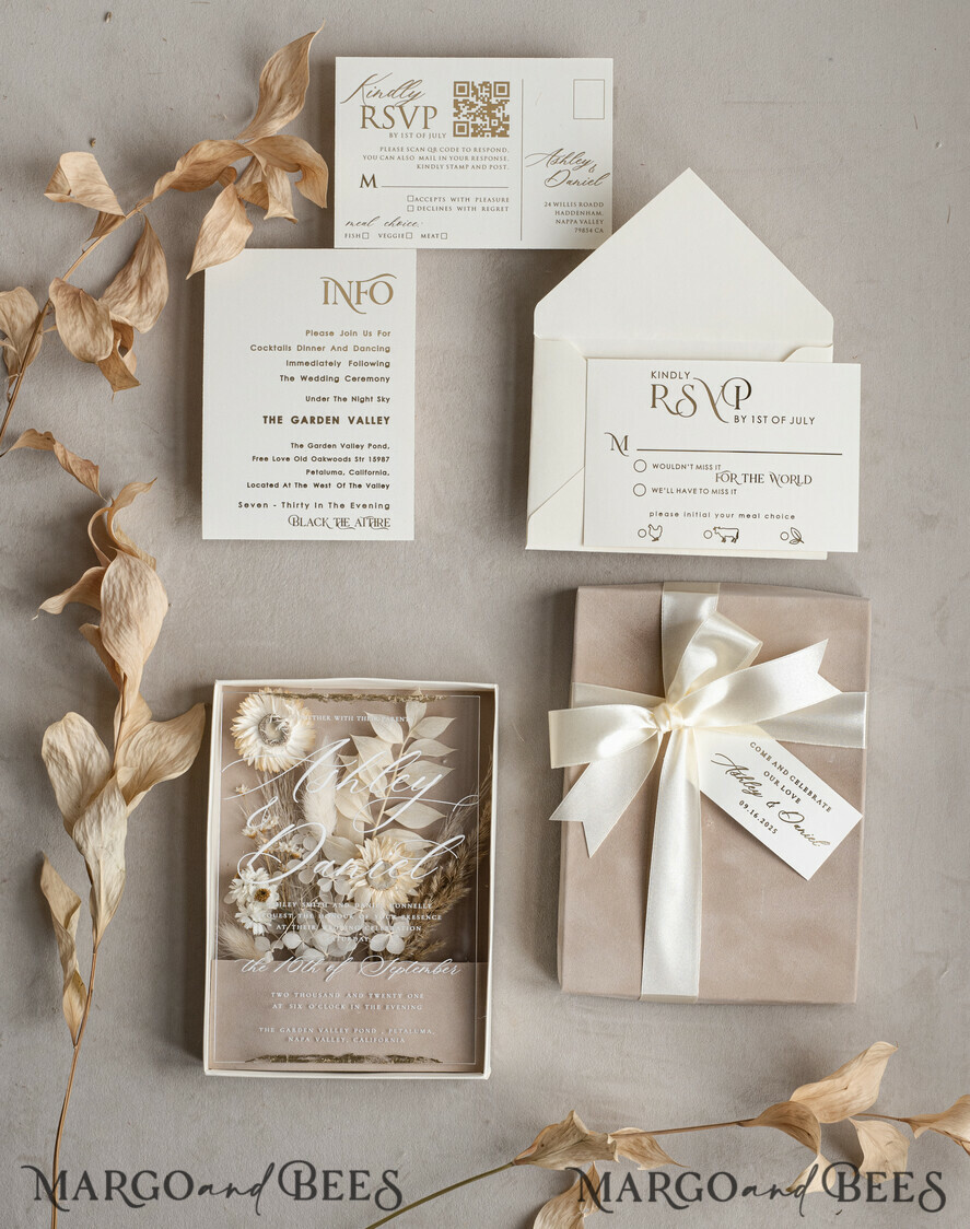 HOCHZEITS EINLADUNGEN Einladungen für VIP/ Boxeinladungen für Eltern Natürliche getrocknete Blumen Hochzeitskarten in Samtbox, Plexi Glamour Box Hochzeits Einladung Suite Luxus, romantische Samt Hochzeitskarten, maßgeschneiderte goldene Einladungen