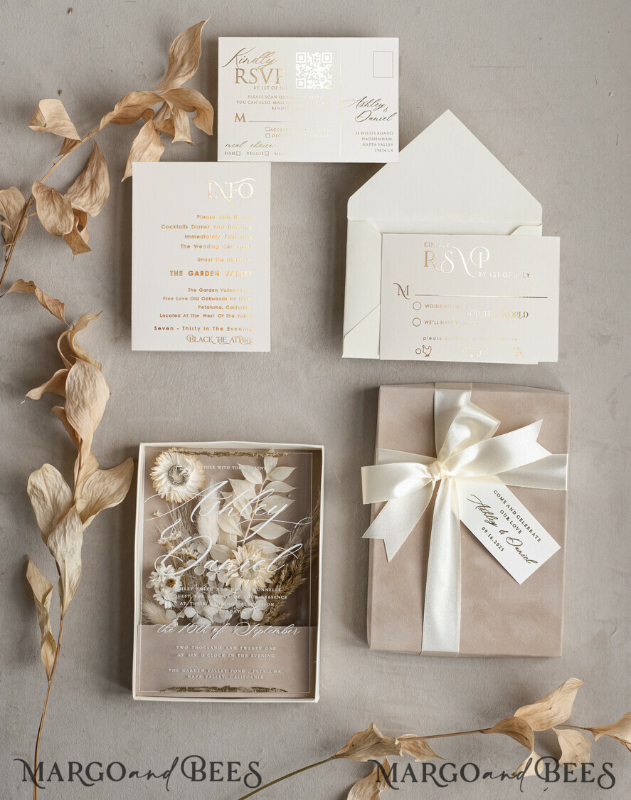 HOCHZEITS EINLADUNGEN Einladungen für VIP/ Boxeinladungen für Eltern Natürliche getrocknete Blumen Hochzeitskarten in Samtbox, Plexi Glamour Box Hochzeits Einladung Suite Luxus, romantische Samt Hochzeitskarten, maßgeschneiderte goldene Einladungen
