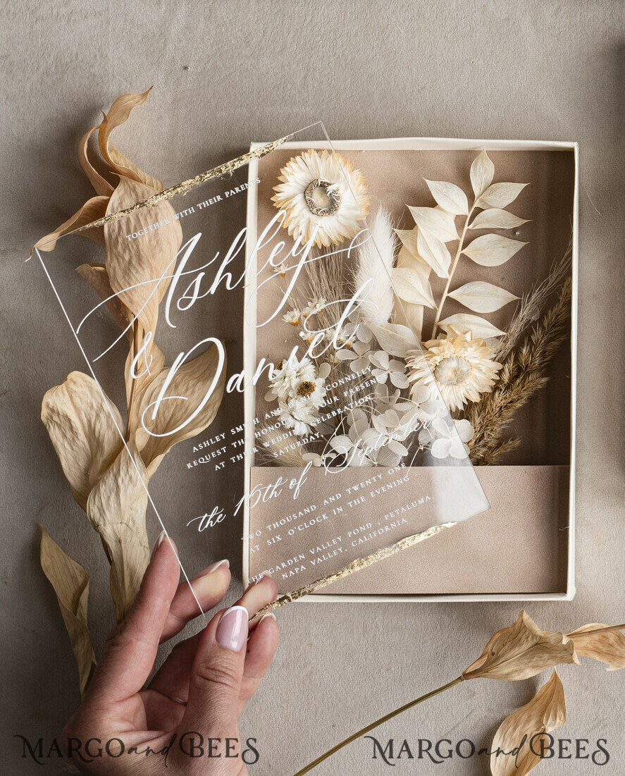 HOCHZEITS EINLADUNGEN Einladungen für VIP/ Boxeinladungen für Eltern Natürliche getrocknete Blumen Hochzeitskarten in Samtbox, Plexi Glamour Box Hochzeits Einladung Suite Luxus, romantische Samt Hochzeitskarten, maßgeschneiderte goldene Einladungen