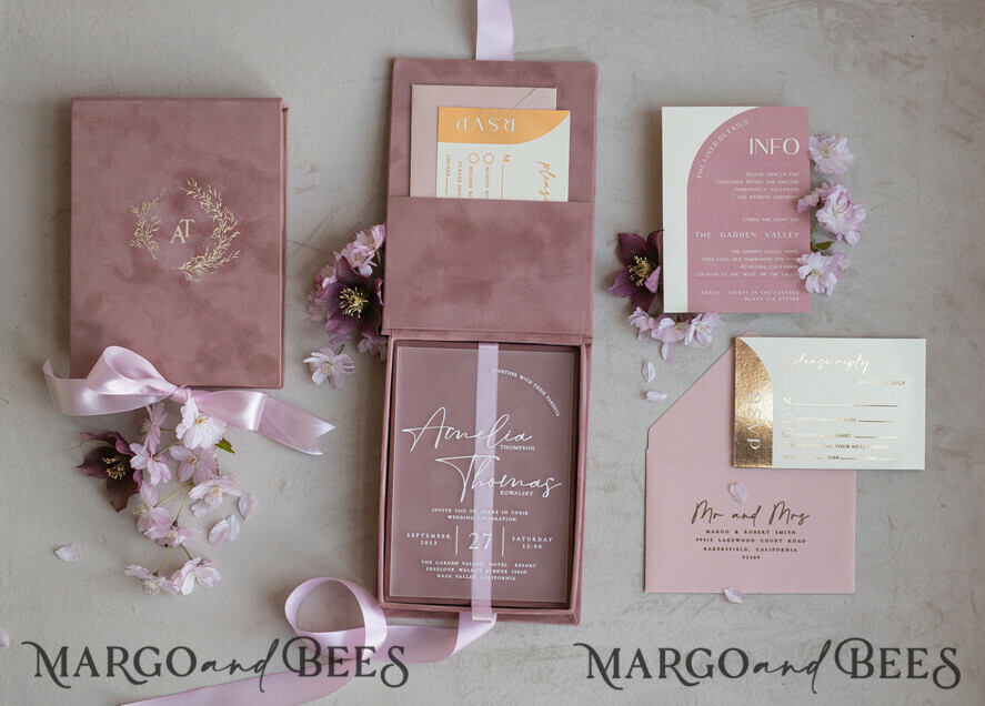 HOCHZEITS EINLADUNGEN Einladungen für VIP/ Boxeinladungen für Eltern Acrylhochzeitskarten in Samtbox, Frozen Plexi Glamour Hochzeitskarten Suite Luxusbox, elegante Samthochzeitskarten, maßgeschneiderte goldene Einladungen