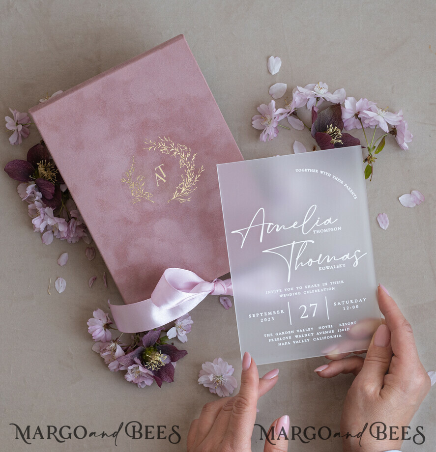 HOCHZEITS EINLADUNGEN Einladungen für VIP/ Boxeinladungen für Eltern Acrylhochzeitskarten in Samtbox, Frozen Plexi Glamour Hochzeitskarten Suite Luxusbox, elegante Samthochzeitskarten, maßgeschneiderte goldene Einladungen