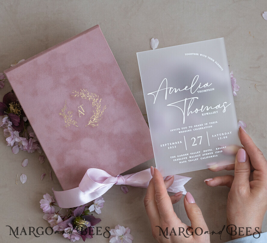 HOCHZEITS EINLADUNGEN Einladungen für VIP/ Boxeinladungen für Eltern Acrylhochzeitskarten in Samtbox, Frozen Plexi Glamour Hochzeitskarten Suite Luxusbox, elegante Samthochzeitskarten, maßgeschneiderte goldene Einladungen