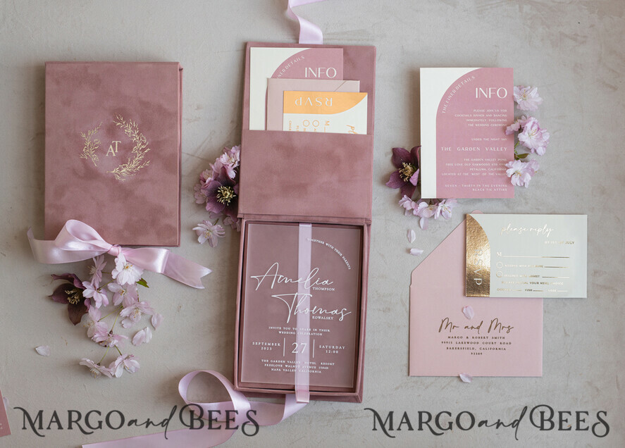 HOCHZEITS EINLADUNGEN Einladungen für VIP/ Boxeinladungen für Eltern Acrylhochzeitskarten in Samtbox, Frozen Plexi Glamour Hochzeitskarten Suite Luxusbox, elegante Samthochzeitskarten, maßgeschneiderte goldene Einladungen
