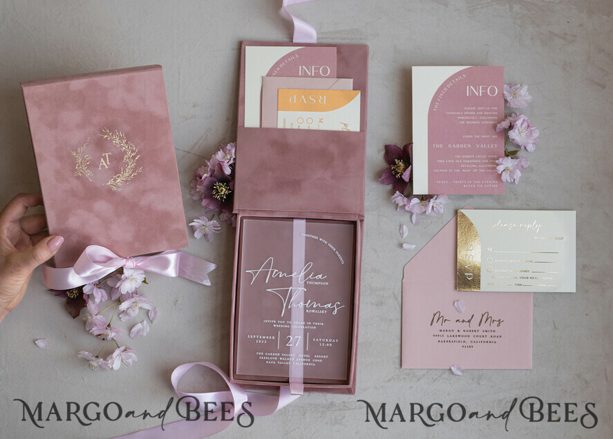 HOCHZEITS EINLADUNGEN Einladungen für VIP/ Boxeinladungen für Eltern Acrylhochzeitskarten in Samtbox, Frozen Plexi Glamour Hochzeitskarten Suite Luxusbox, elegante Samthochzeitskarten, maßgeschneiderte goldene Einladungen