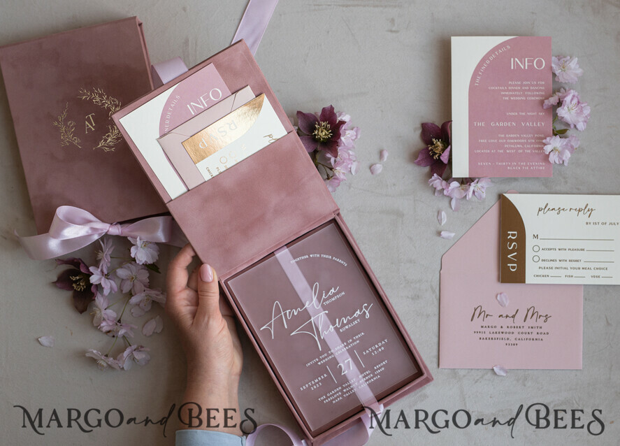 HOCHZEITS EINLADUNGEN Einladungen für VIP/ Boxeinladungen für Eltern Acrylhochzeitskarten in Samtbox, Frozen Plexi Glamour Hochzeitskarten Suite Luxusbox, elegante Samthochzeitskarten, maßgeschneiderte goldene Einladungen