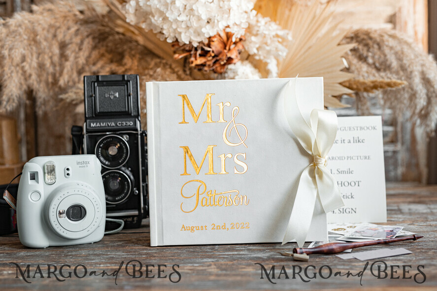 HOCHZEITS-GÄSTEBÜCHER Samtkissen Instax Gästebuch elegantes Elfenbein Gold Instax Hochzeitsgäste Buch, großes Instant Samt Hochzeitsgäste Buch, Polaroid Samt Gästebuch Golden Hochzeit