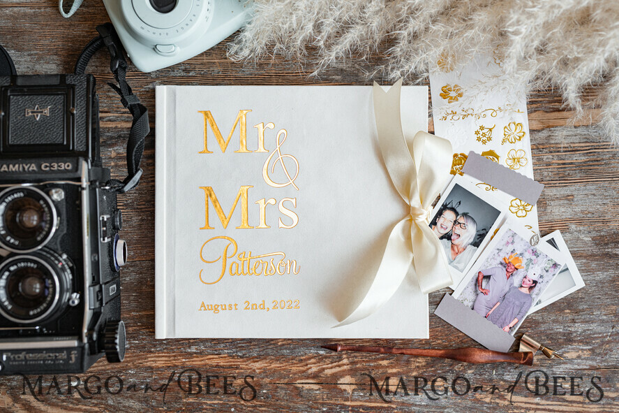 HOCHZEITS-GÄSTEBÜCHER Samtkissen Instax Gästebuch elegantes Elfenbein Gold Instax Hochzeitsgäste Buch, großes Instant Samt Hochzeitsgäste Buch, Polaroid Samt Gästebuch Golden Hochzeit
