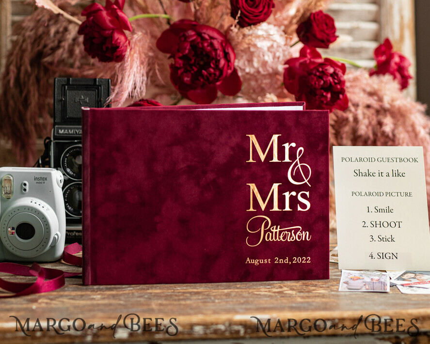 HOCHZEITS-GÄSTEBÜCHER Samtkissen Instax Gästebuch Luxuriöses burgunderfarbens Instax-Velours-Hochzeitsgäste Buch Gold, großes Sofort-Hochzeitsgäste Buch, Marsala Polaroid-Velours-Gästebuch