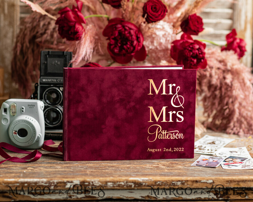 HOCHZEITS-GÄSTEBÜCHER Samtkissen Instax Gästebuch Luxuriöses burgunderfarbens Instax-Velours-Hochzeitsgäste Buch Gold, großes Sofort-Hochzeitsgäste Buch, Marsala Polaroid-Velours-Gästebuch