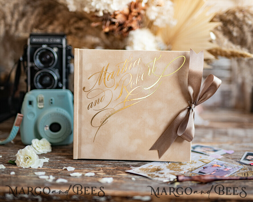 HOCHZEITS-GÄSTEBÜCHER Samtkissen Instax Gästebuch beige Instax Samt Hochzeits-Gästebuch Gold, Großes Instant Hochzeits-Gästebuch, Polaroid Samt Gästebuch Nude Golden Hochzeit